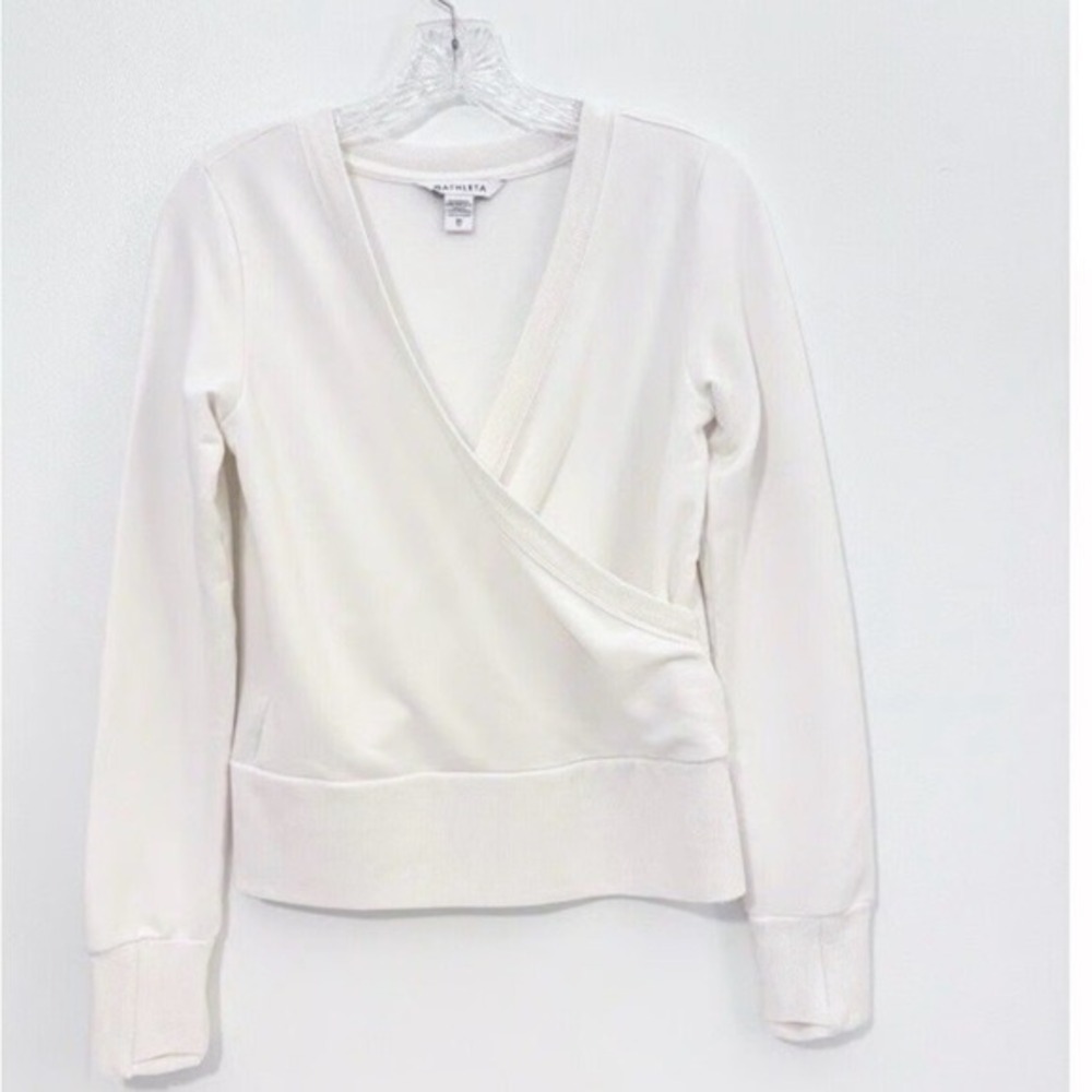 Athleta Women Cream V-Neck Wrap Sweatshirt Fleece Pullover Large Off-White